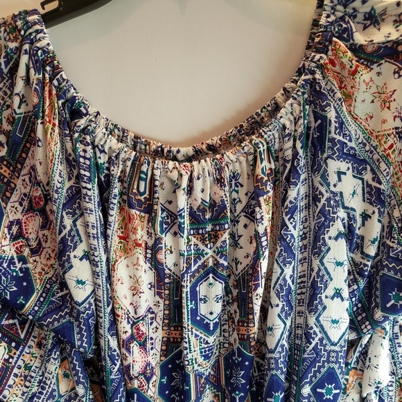 KAS Designs Off- the -Shoulder Top Blue White Multi Blouse Ruffle BuffoonSleeves - Picture 3 of 10